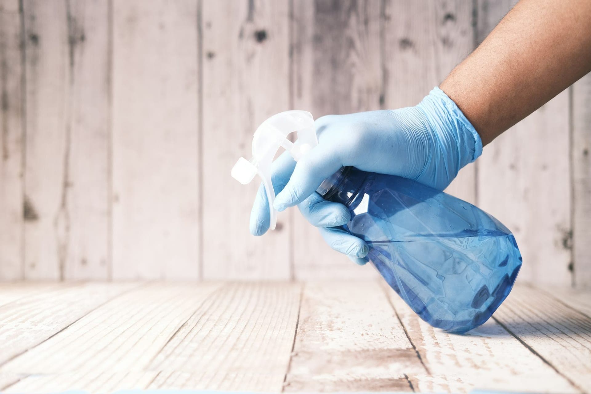 Gloved hand with spray bottle on timber — illustrative of mould-removal cleaning in Sydney homes